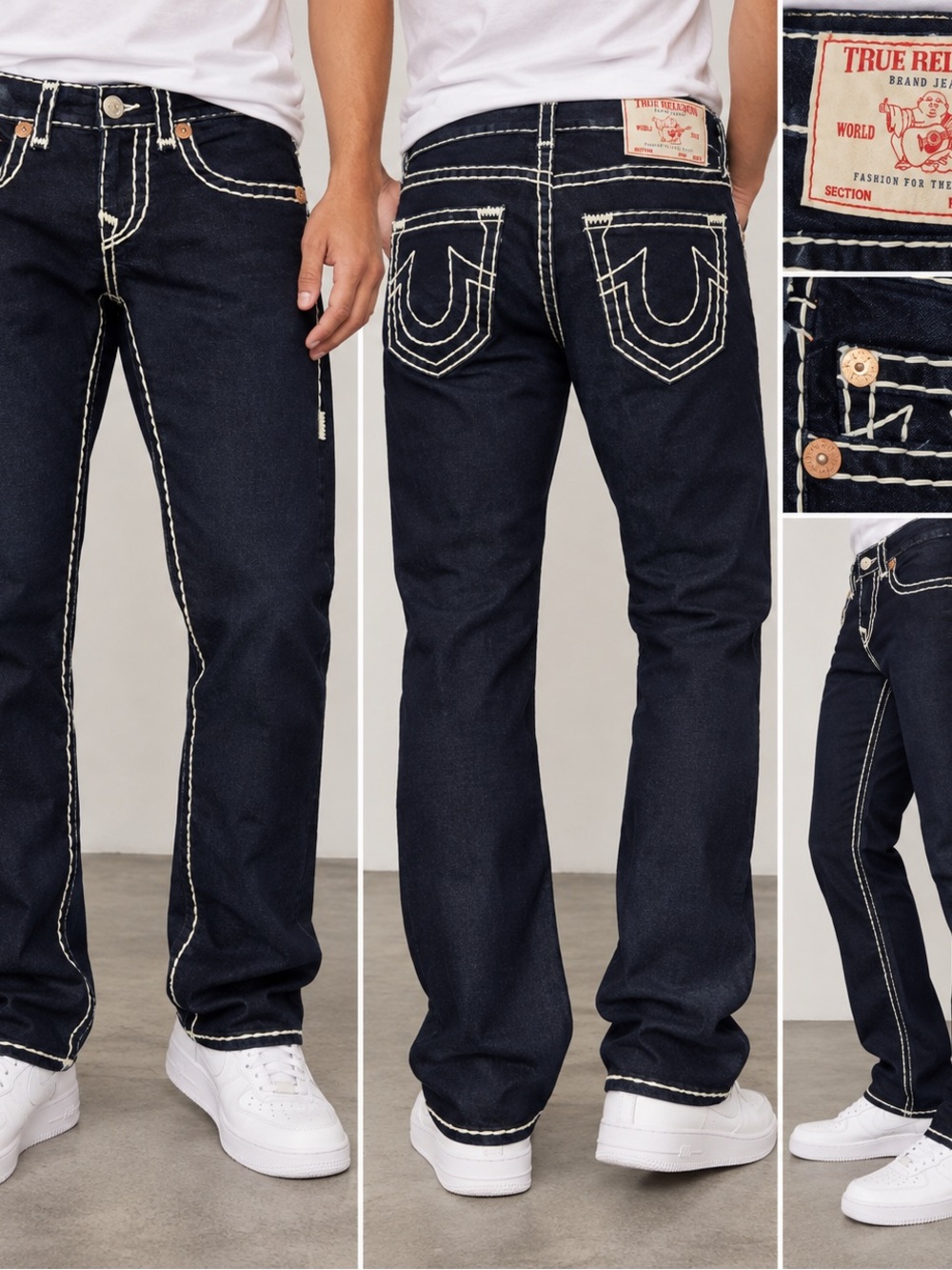 True Religion Men’s Dark Indigo Jeans with Contrast White Stitching